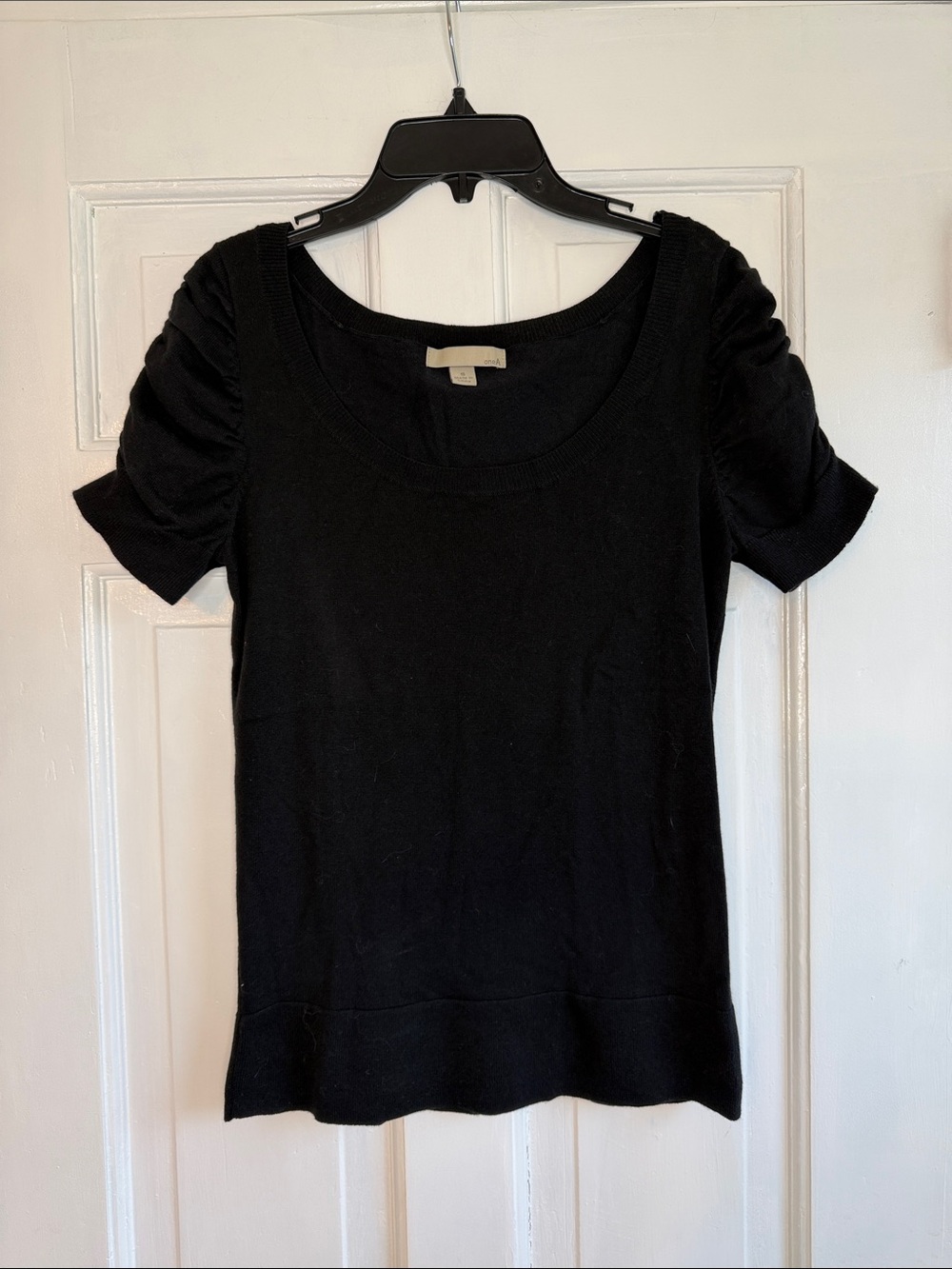 One A Black Short-Sleeve Scoop Neck Top with Ruched Shoulders